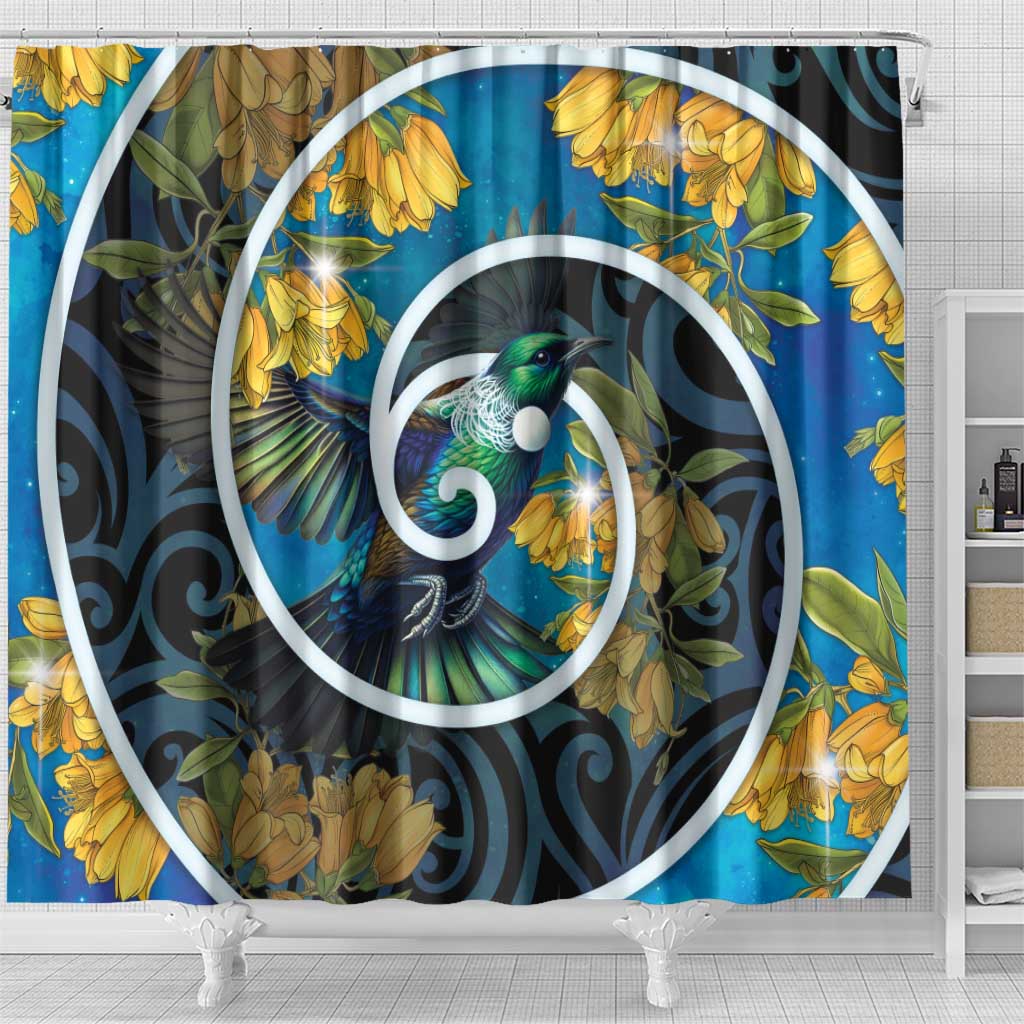 New Zealand Tui Bird Shower Curtain Maori Koru With Kowhai Flowers LT05 - Polynesian Pride