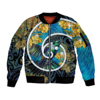 New Zealand Tui Bird Sleeve Zip Bomber Jacket Maori Koru With Kowhai Flowers LT05 Unisex Black - Polynesian Pride