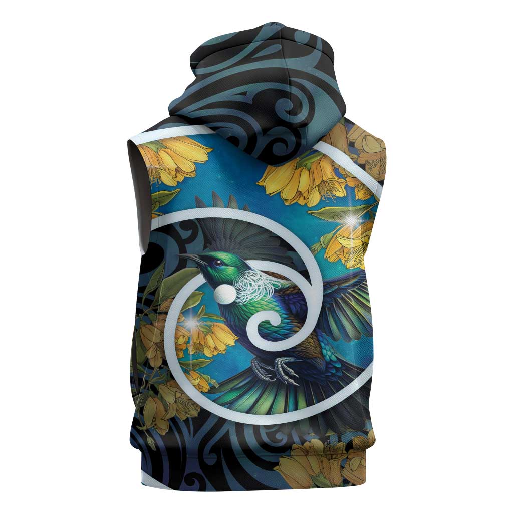New Zealand Tui Bird Sleeveless Hoodie Maori Koru With Kowhai Flowers LT05 - Polynesian Pride