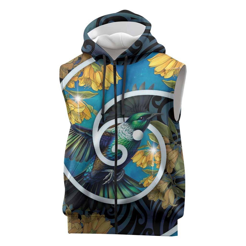 New Zealand Tui Bird Sleeveless Zip Hoodie Maori Koru With Kowhai Flowers LT05 Black - Polynesian Pride