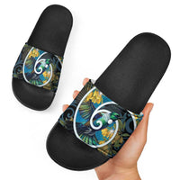 New Zealand Tui Bird Slide Sandals Maori Koru With Kowhai Flowers LT05 - Polynesian Pride