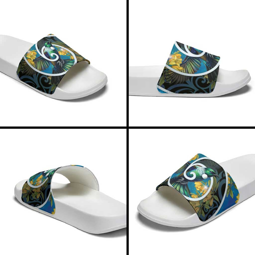 New Zealand Tui Bird Slide Sandals Maori Koru With Kowhai Flowers LT05 - Polynesian Pride