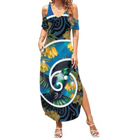 New Zealand Tui Bird Summer Maxi Dress Maori Koru With Kowhai Flowers LT05 Women Black - Polynesian Pride