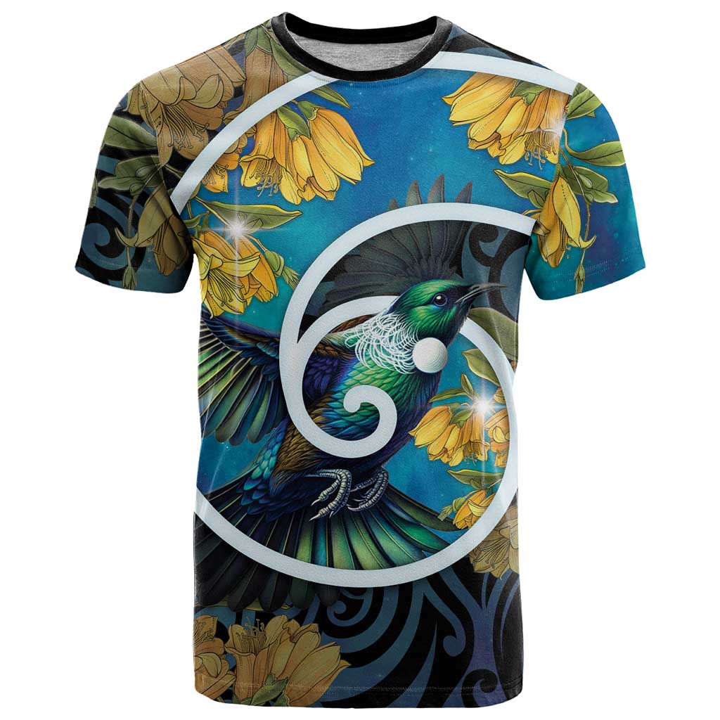 New Zealand Tui Bird T Shirt Maori Koru With Kowhai Flowers LT05 Black - Polynesian Pride