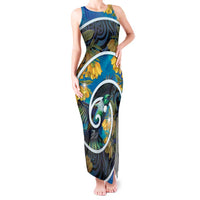 New Zealand Tui Bird Tank Maxi Dress Maori Koru With Kowhai Flowers LT05 Women Black - Polynesian Pride