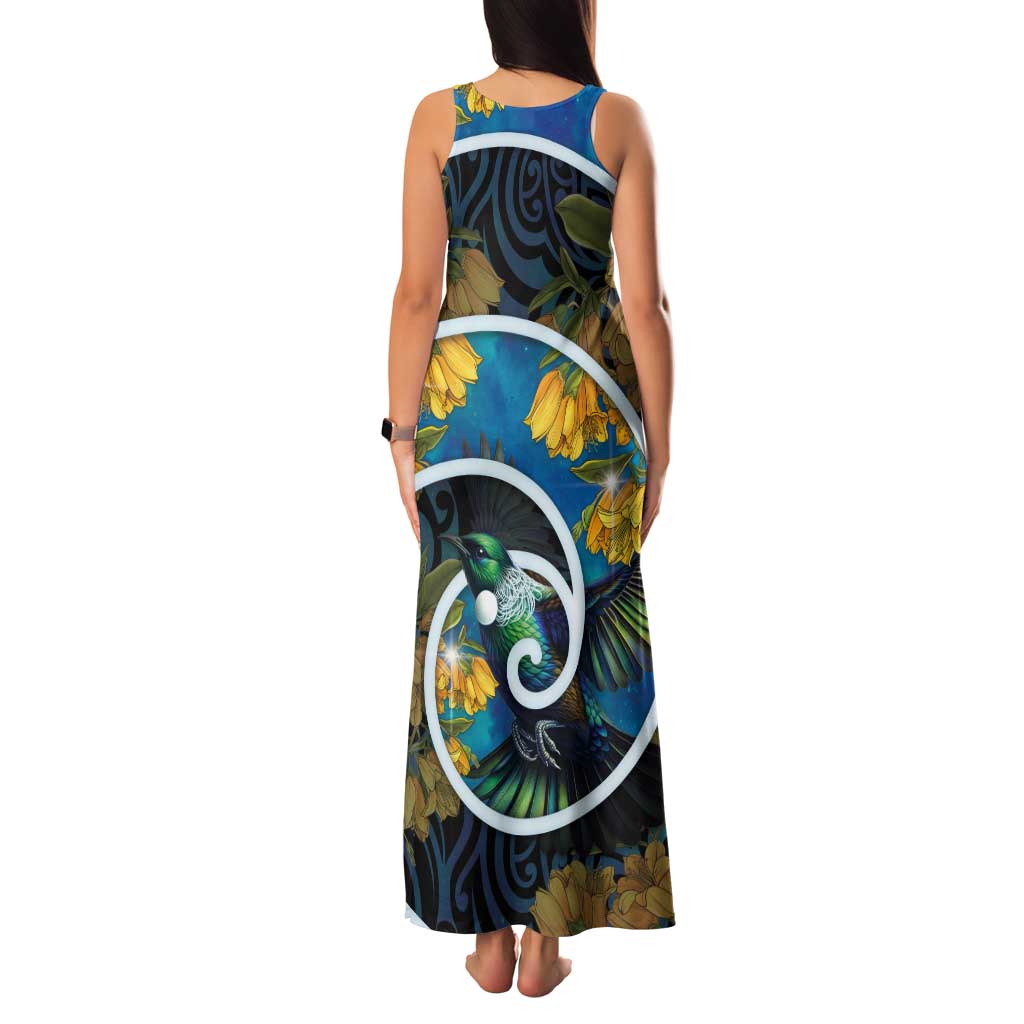 New Zealand Tui Bird Tank Maxi Dress Maori Koru With Kowhai Flowers LT05 - Polynesian Pride