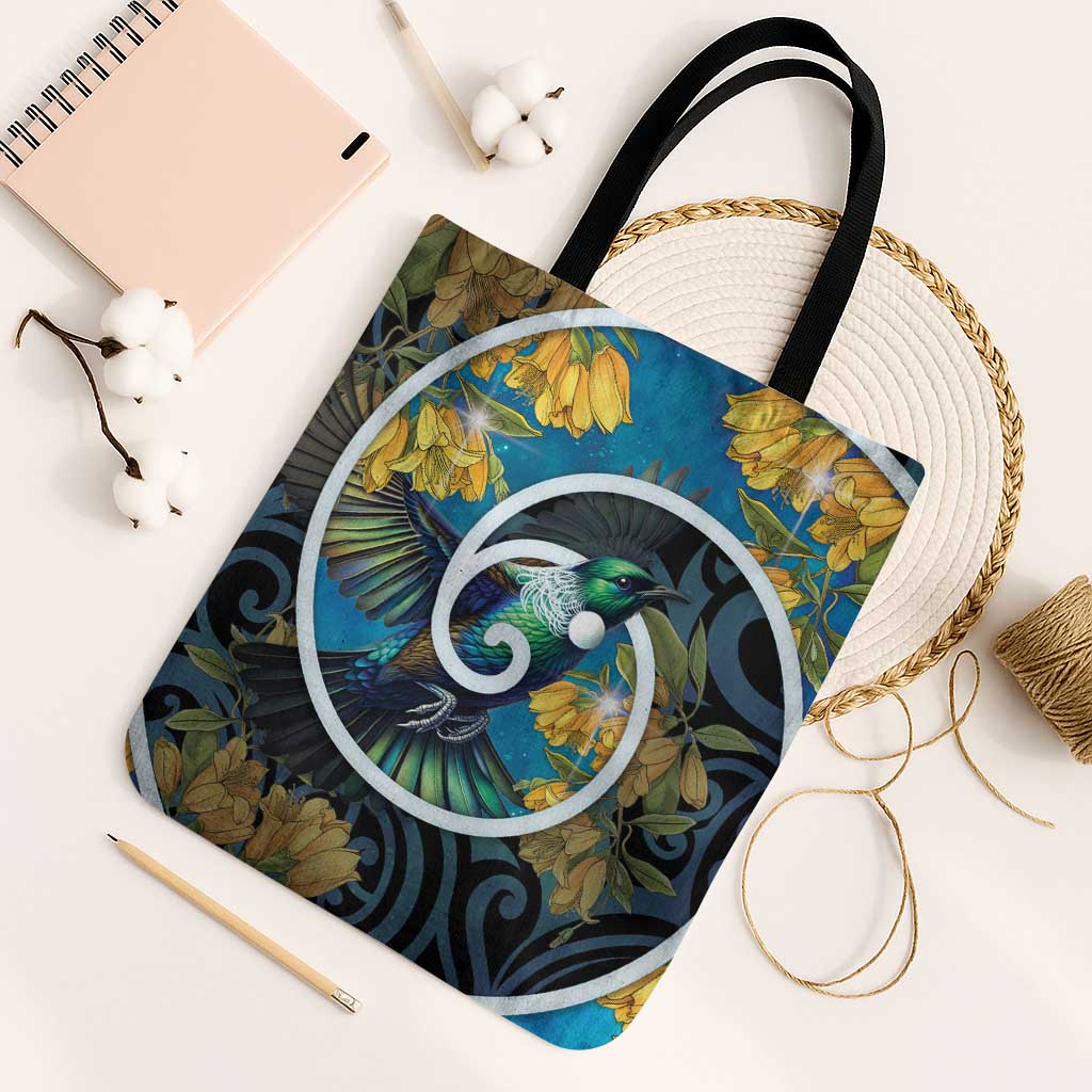 New Zealand Tui Bird Tote Bag Maori Koru With Kowhai Flowers LT05 Black Strap One Size Black - Polynesian Pride