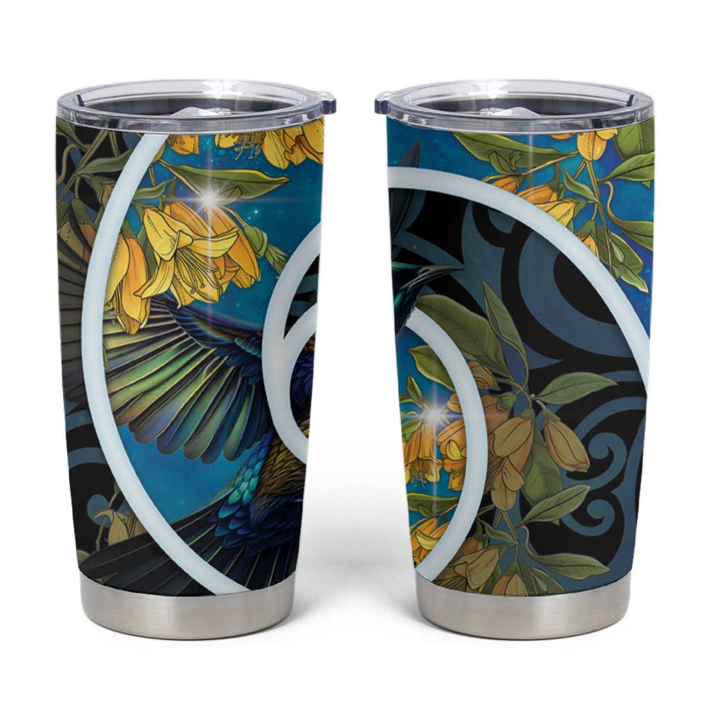 New Zealand Tui Bird Tumbler Cup Maori Koru With Kowhai Flowers LT05 Black - Polynesian Pride