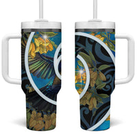 New Zealand Tui Bird Tumbler With Handle Maori Koru With Kowhai Flowers LT05 One Size: 40 oz Black - Polynesian Pride