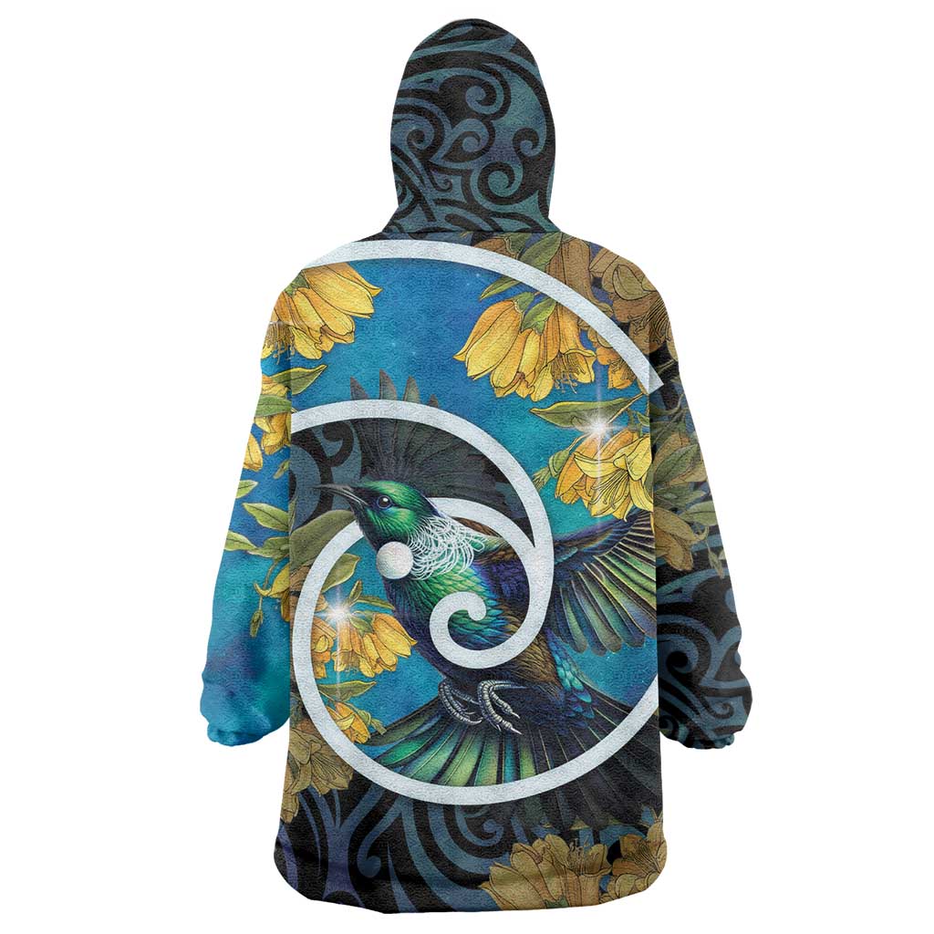 New Zealand Tui Bird Wearable Blanket Hoodie Maori Koru With Kowhai Flowers LT05 - Polynesian Pride