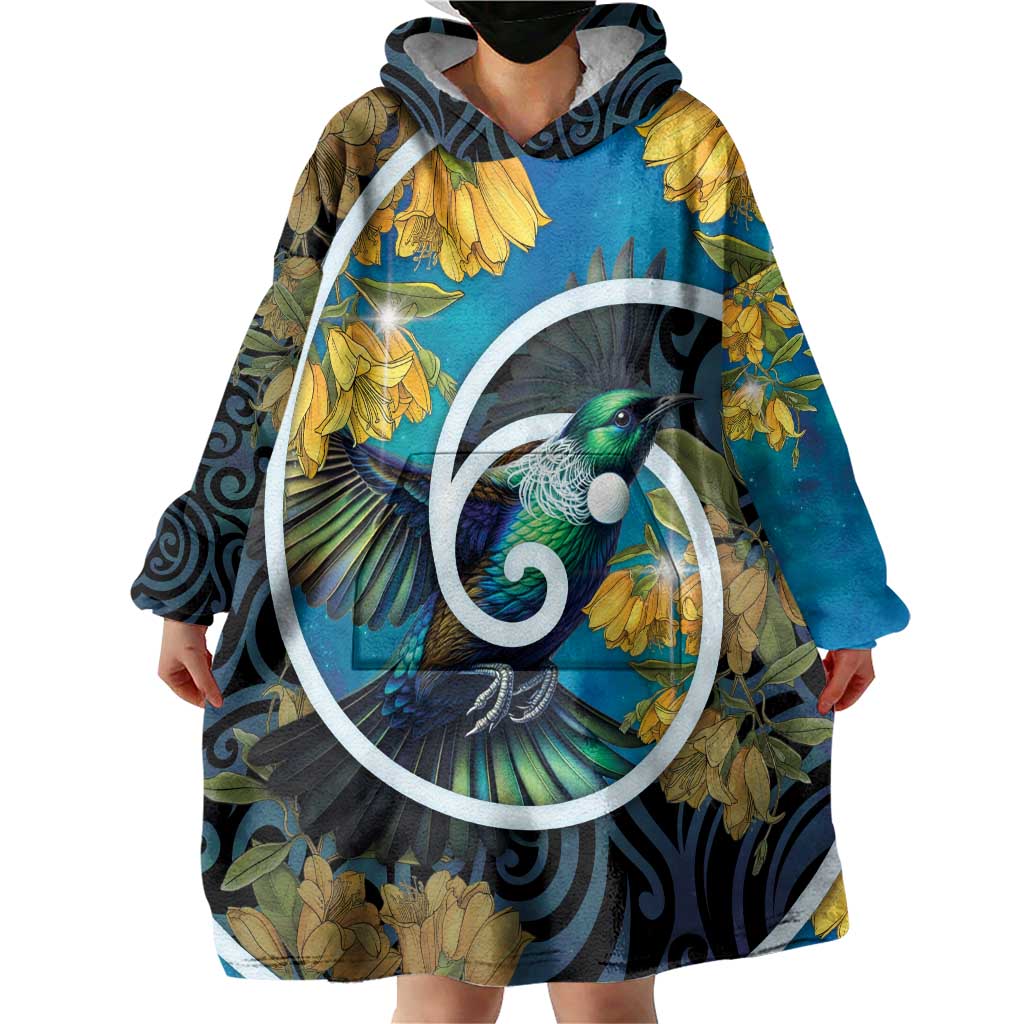 New Zealand Tui Bird Wearable Blanket Hoodie Maori Koru With Kowhai Flowers LT05 - Polynesian Pride
