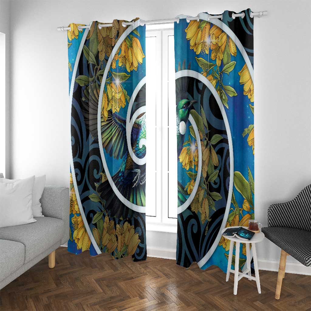 New Zealand Tui Bird Window Curtain Maori Koru With Kowhai Flowers LT05 With Grommets Black - Polynesian Pride