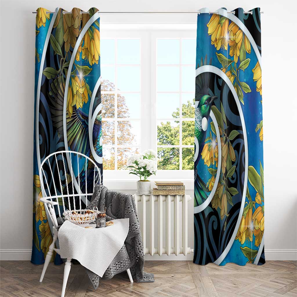 New Zealand Tui Bird Window Curtain Maori Koru With Kowhai Flowers LT05 - Polynesian Pride