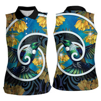 New Zealand Tui Bird Women Sleeveless Polo Shirt Maori Koru With Kowhai Flowers LT05 - Polynesian Pride