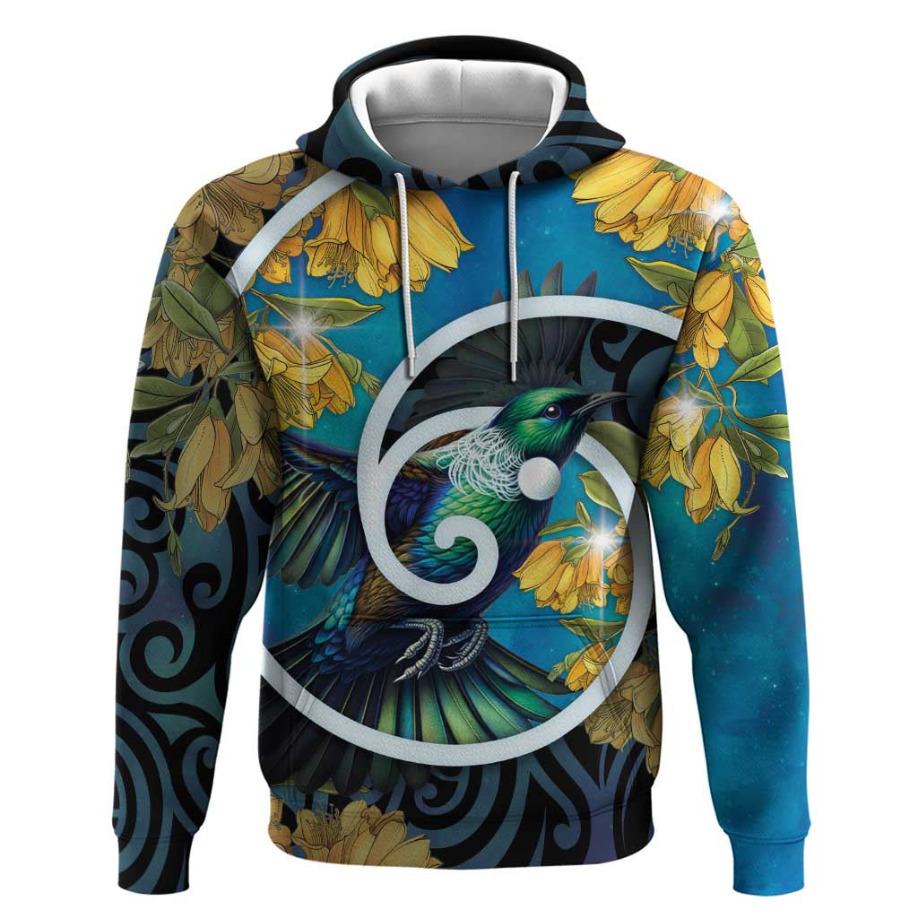 New Zealand Tui Bird Zip Hoodie Maori Koru With Kowhai Flowers LT05 Pullover Hoodie Black - Polynesian Pride