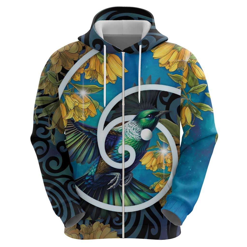 New Zealand Tui Bird Zip Hoodie Maori Koru With Kowhai Flowers LT05 - Polynesian Pride