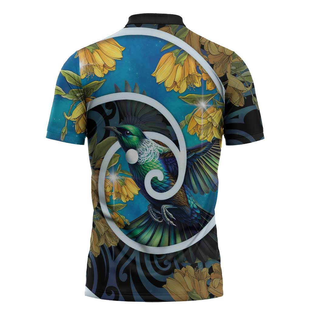New Zealand Tui Bird Zipper Polo Shirt Maori Koru With Kowhai Flowers LT05 - Polynesian Pride