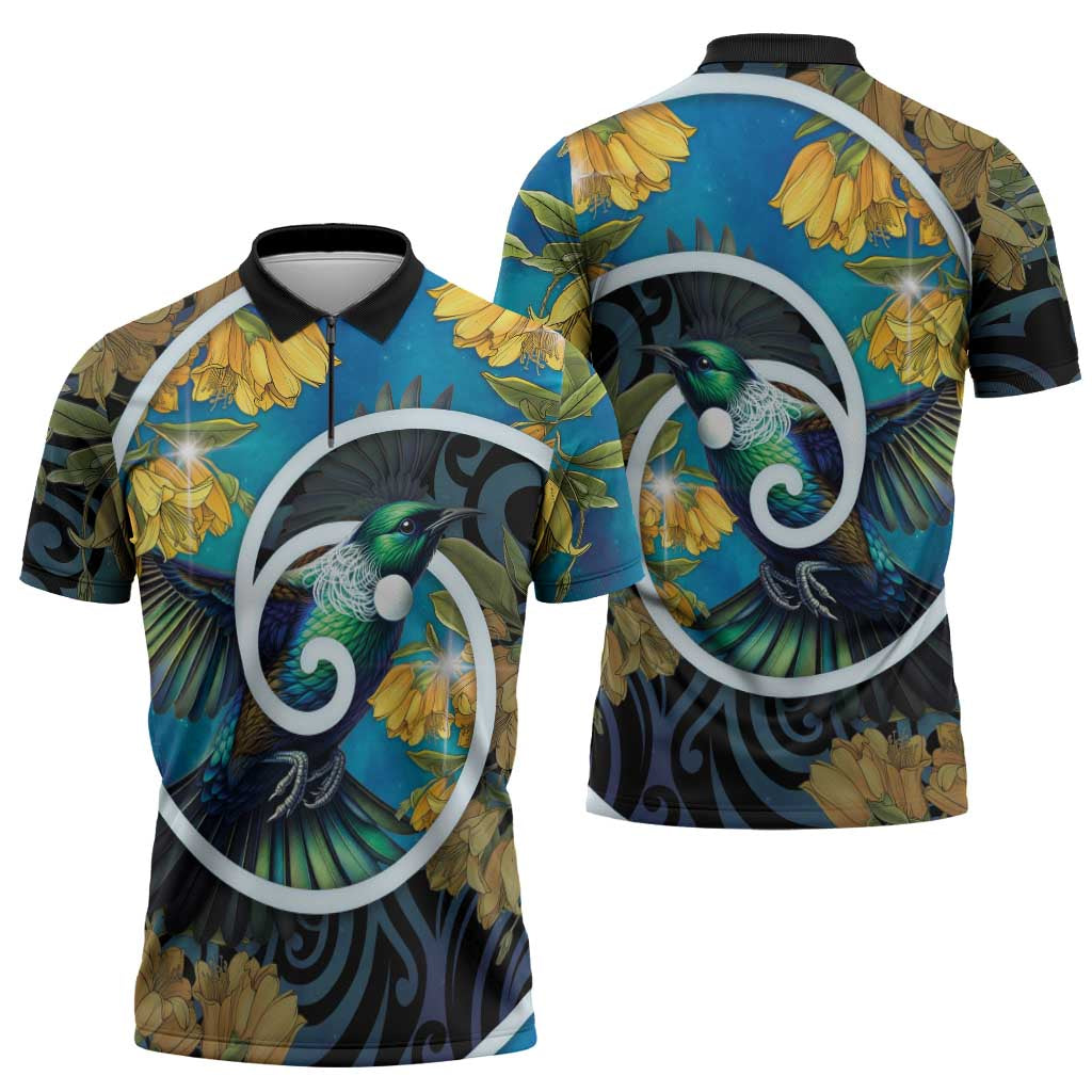New Zealand Tui Bird Zipper Polo Shirt Maori Koru With Kowhai Flowers LT05 - Polynesian Pride