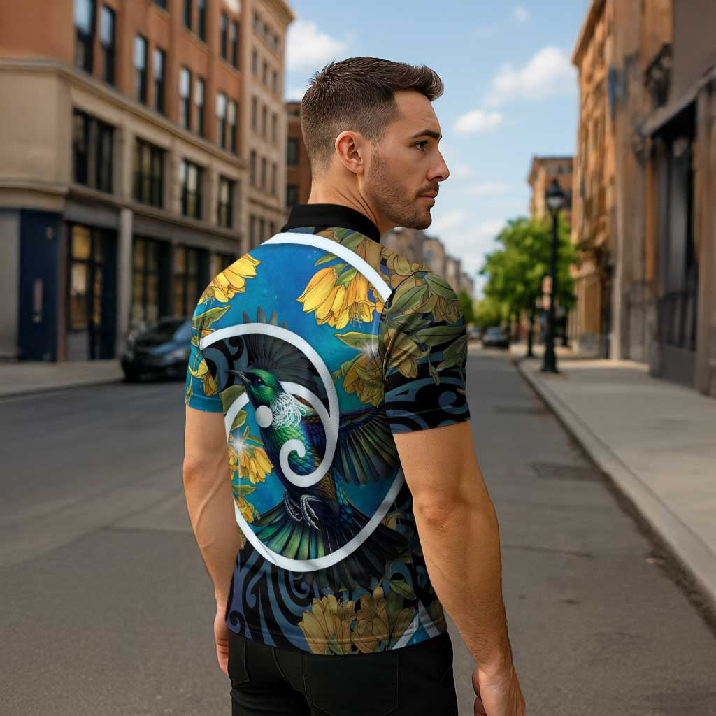 New Zealand Tui Bird Zipper Polo Shirt Maori Koru With Kowhai Flowers LT05 - Polynesian Pride