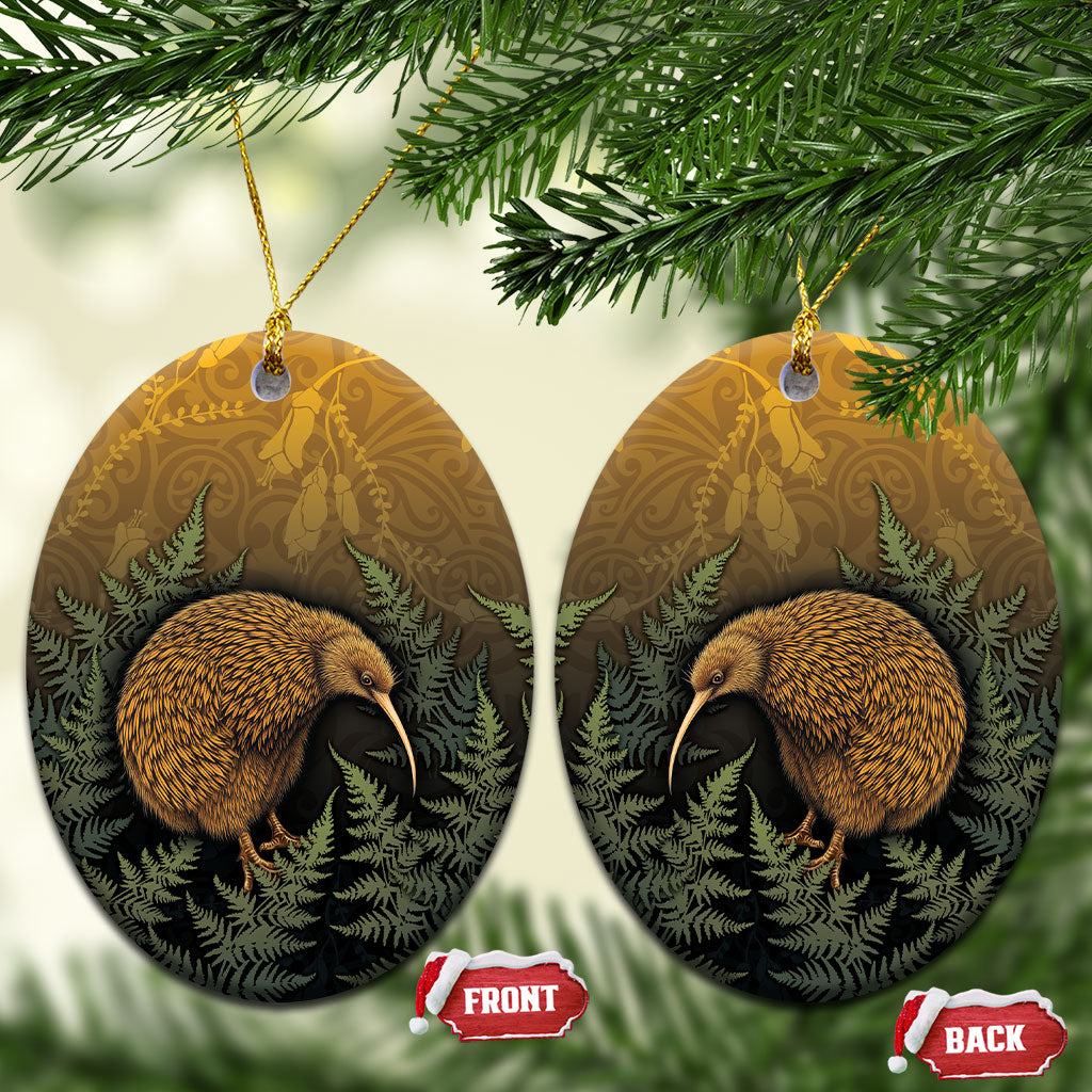 New Zealand Kiwi Bird Ceramic Ornament Silver Fern Mix Maori Pattern LT05 Oval Brown - Polynesian Pride