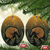 New Zealand Kiwi Bird Ceramic Ornament Silver Fern Mix Maori Pattern LT05 Oval Brown - Polynesian Pride