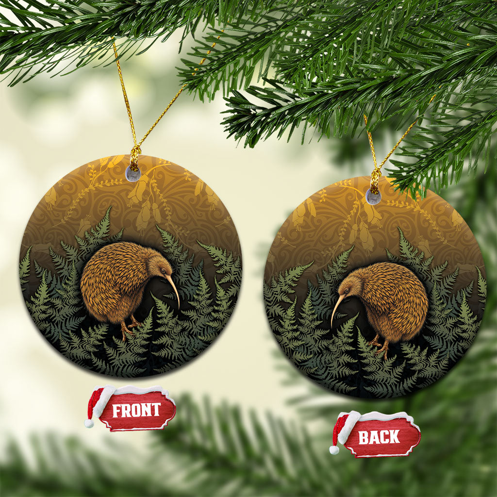 New Zealand Kiwi Bird Ceramic Ornament Silver Fern Mix Maori Pattern LT05 Circle Brown - Polynesian Pride