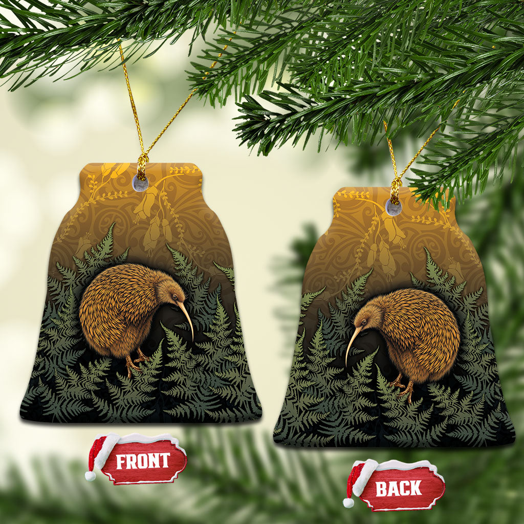 New Zealand Kiwi Bird Ceramic Ornament Silver Fern Mix Maori Pattern LT05 Bell Flake Brown - Polynesian Pride