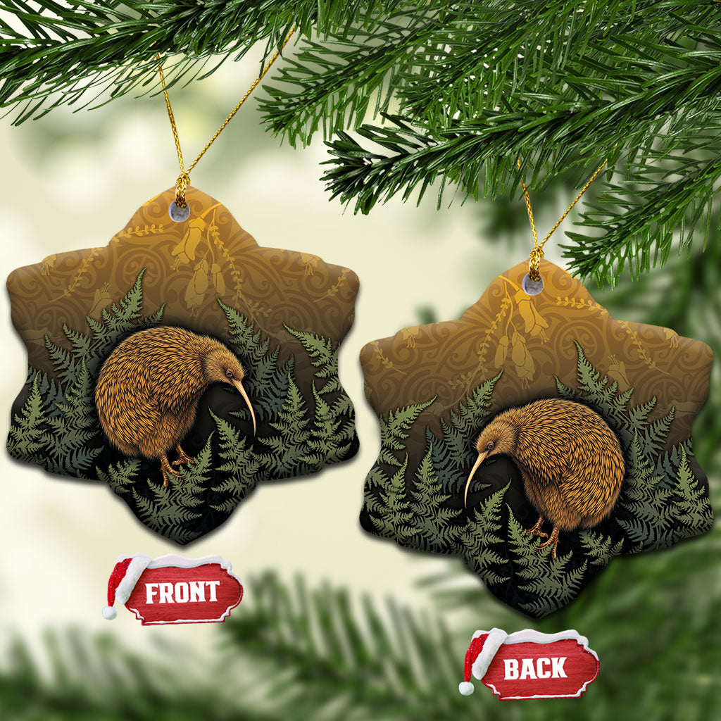 New Zealand Kiwi Bird Ceramic Ornament Silver Fern Mix Maori Pattern LT05 Snow Flake Brown - Polynesian Pride