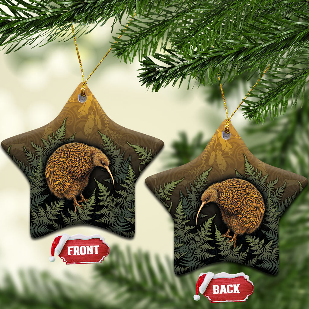 New Zealand Kiwi Bird Ceramic Ornament Silver Fern Mix Maori Pattern LT05 Star Brown - Polynesian Pride