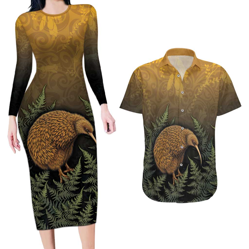 New Zealand Kiwi Bird Couples Matching Long Sleeve Bodycon Dress and Hawaiian Shirt Silver Fern Mix Maori Pattern LT05 Brown - Polynesian Pride