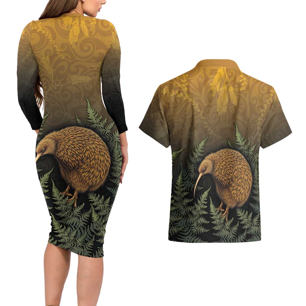 New Zealand Kiwi Bird Couples Matching Long Sleeve Bodycon Dress and Hawaiian Shirt Silver Fern Mix Maori Pattern LT05 - Polynesian Pride