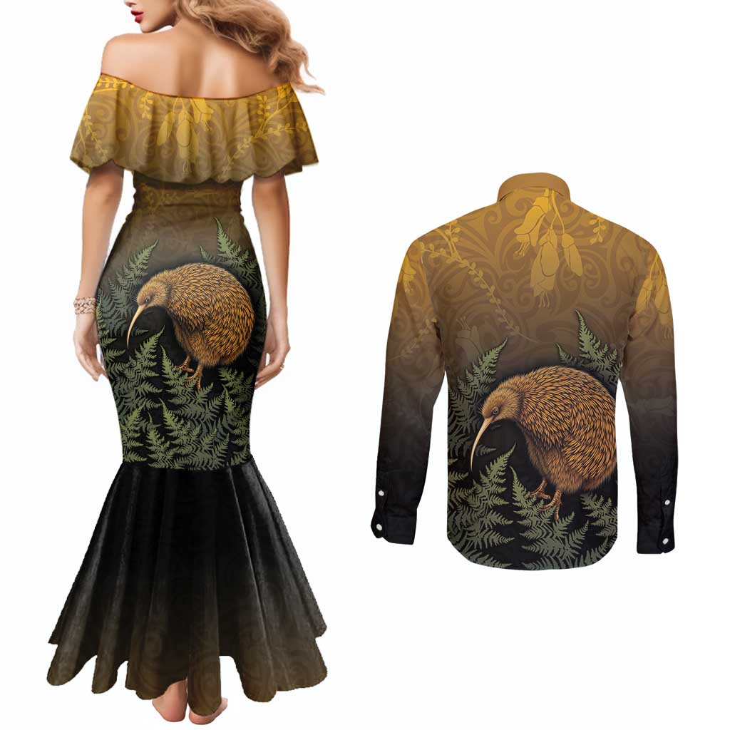 New Zealand Kiwi Bird Couples Matching Mermaid Dress and Long Sleeve Button Shirt Silver Fern Mix Maori Pattern LT05 - Polynesian Pride