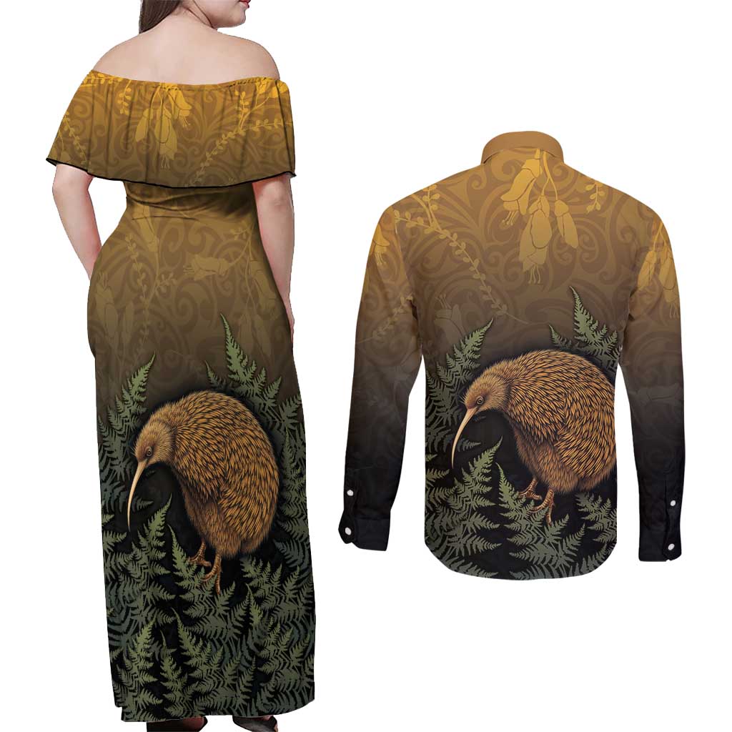 New Zealand Kiwi Bird Couples Matching Off Shoulder Maxi Dress and Long Sleeve Button Shirt Silver Fern Mix Maori Pattern LT05 - Polynesian Pride