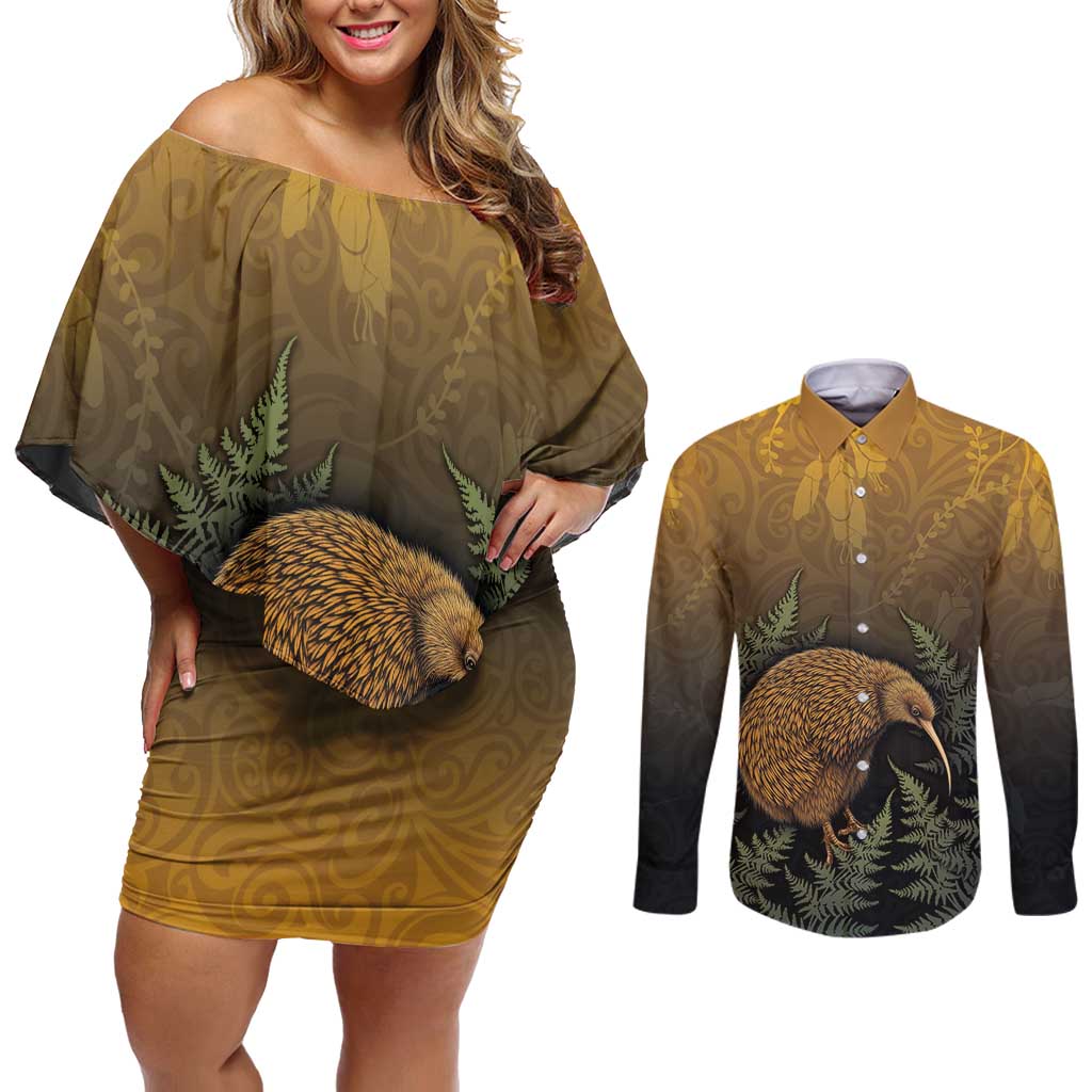 New Zealand Kiwi Bird Couples Matching Off Shoulder Short Dress and Long Sleeve Button Shirt Silver Fern Mix Maori Pattern LT05 Brown - Polynesian Pride