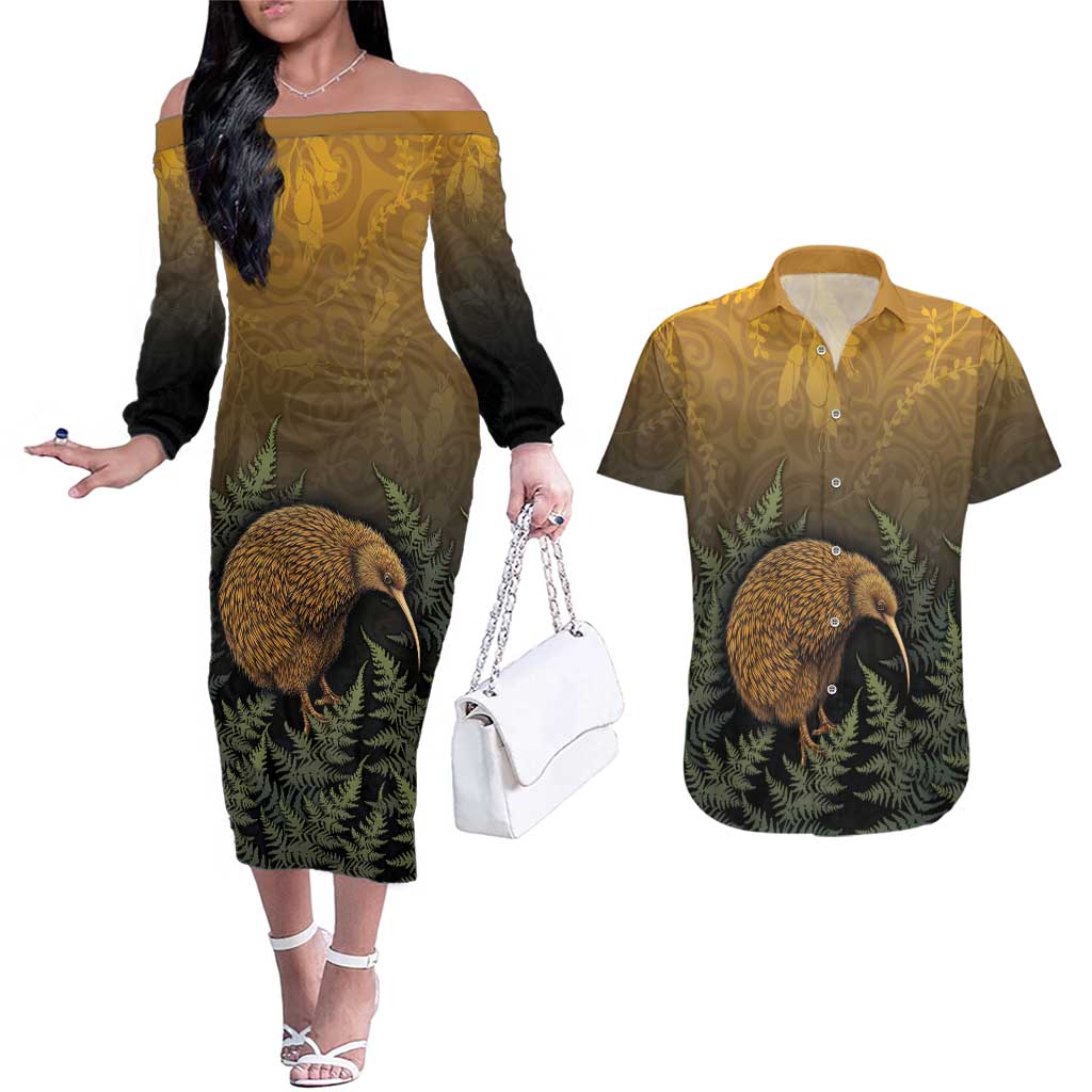 New Zealand Kiwi Bird Couples Matching Off The Shoulder Long Sleeve Dress and Hawaiian Shirt Silver Fern Mix Maori Pattern LT05 Brown - Polynesian Pride
