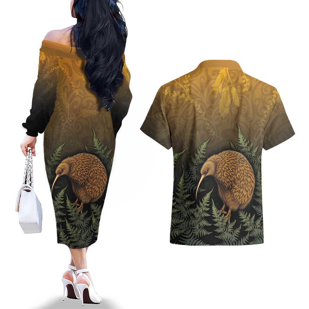 New Zealand Kiwi Bird Couples Matching Off The Shoulder Long Sleeve Dress and Hawaiian Shirt Silver Fern Mix Maori Pattern LT05 - Polynesian Pride
