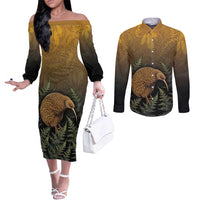 New Zealand Kiwi Bird Couples Matching Off The Shoulder Long Sleeve Dress and Long Sleeve Button Shirt Silver Fern Mix Maori Pattern LT05 Brown - Polynesian Pride