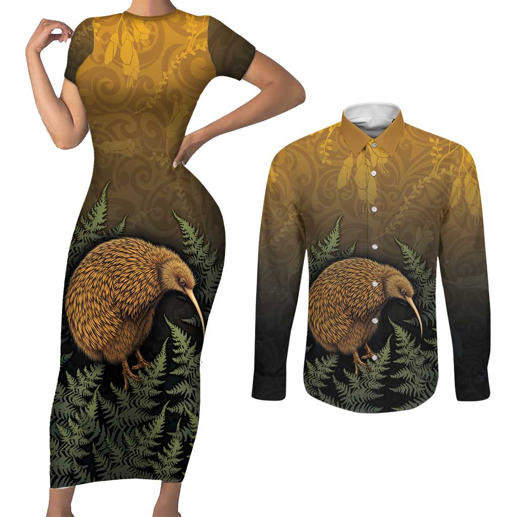 New Zealand Kiwi Bird Couples Matching Short Sleeve Bodycon Dress and Long Sleeve Button Shirt Silver Fern Mix Maori Pattern LT05 Brown - Polynesian Pride