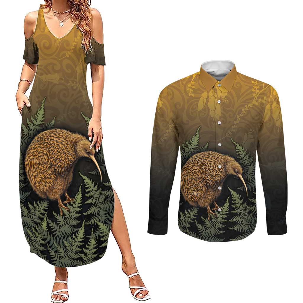New Zealand Kiwi Bird Couples Matching Summer Maxi Dress and Long Sleeve Button Shirt Silver Fern Mix Maori Pattern LT05 Brown - Polynesian Pride
