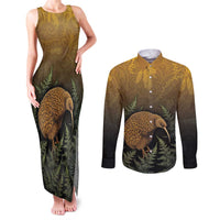 New Zealand Kiwi Bird Couples Matching Tank Maxi Dress and Long Sleeve Button Shirt Silver Fern Mix Maori Pattern LT05 Brown - Polynesian Pride