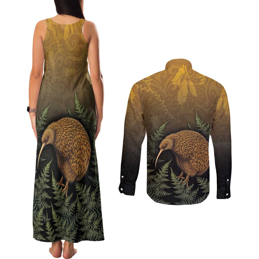 New Zealand Kiwi Bird Couples Matching Tank Maxi Dress and Long Sleeve Button Shirt Silver Fern Mix Maori Pattern LT05 - Polynesian Pride