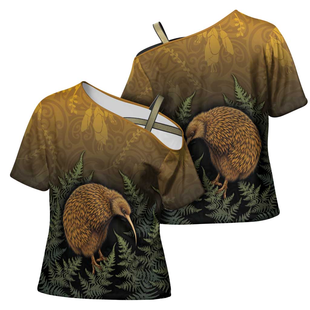 New Zealand Kiwi Bird Cross Shoulder Shirt Silver Fern Mix Maori Pattern LT05 - Polynesian Pride