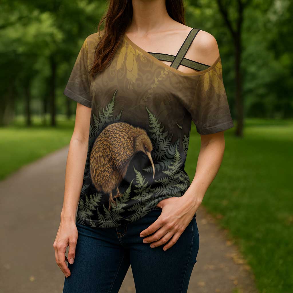 New Zealand Kiwi Bird Cross Shoulder Shirt Silver Fern Mix Maori Pattern LT05 - Polynesian Pride