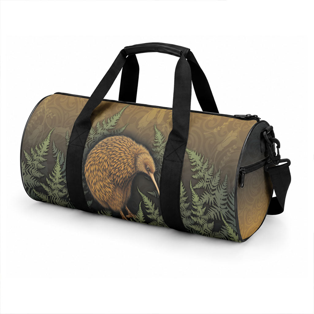 New Zealand Kiwi Bird Duffle Bag Silver Fern Mix Maori Pattern