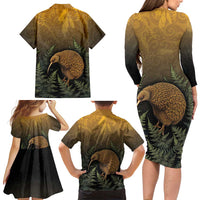 New Zealand Kiwi Bird Family Matching Long Sleeve Bodycon Dress and Hawaiian Shirt Silver Fern Mix Maori Pattern LT05 - Polynesian Pride
