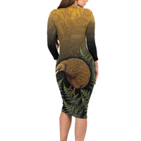New Zealand Kiwi Bird Family Matching Long Sleeve Bodycon Dress and Hawaiian Shirt Silver Fern Mix Maori Pattern LT05 - Polynesian Pride