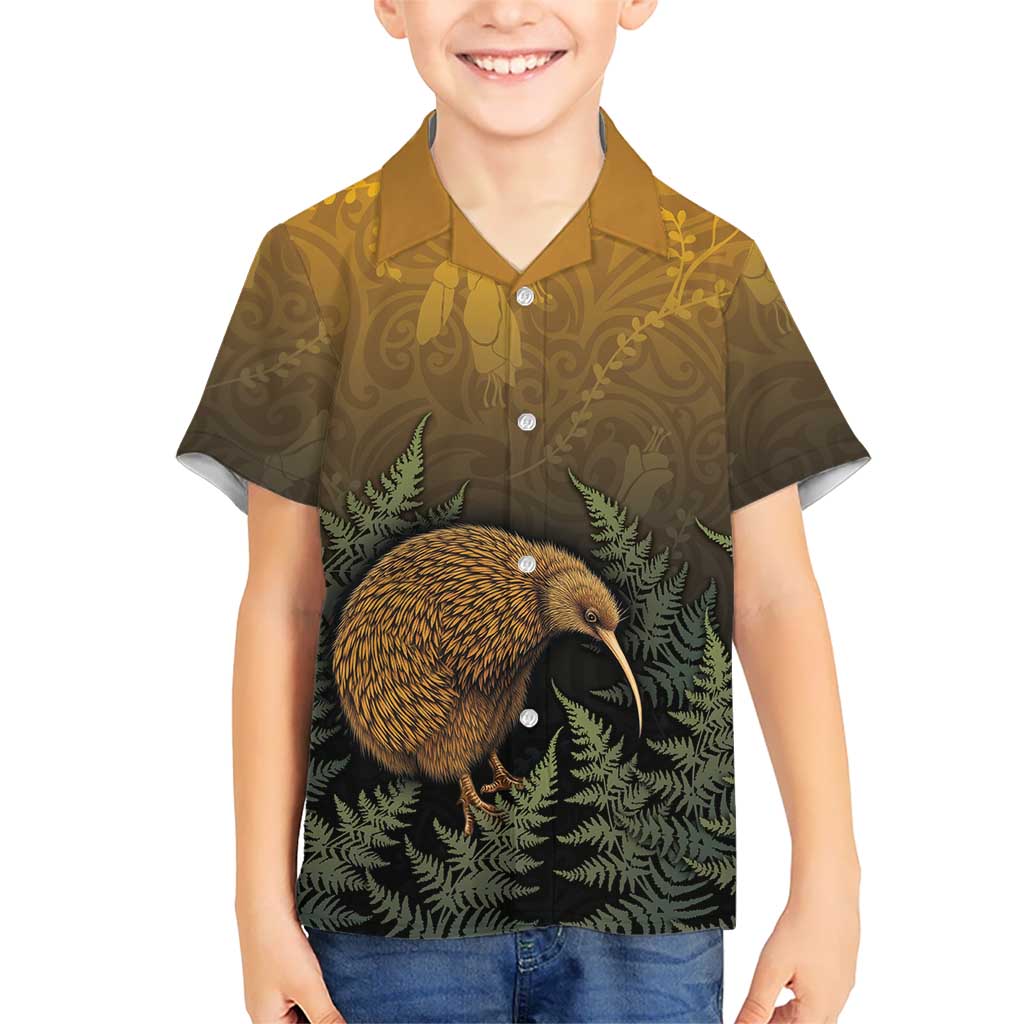 New Zealand Kiwi Bird Family Matching Long Sleeve Bodycon Dress and Hawaiian Shirt Silver Fern Mix Maori Pattern LT05 Son's Shirt Brown - Polynesian Pride