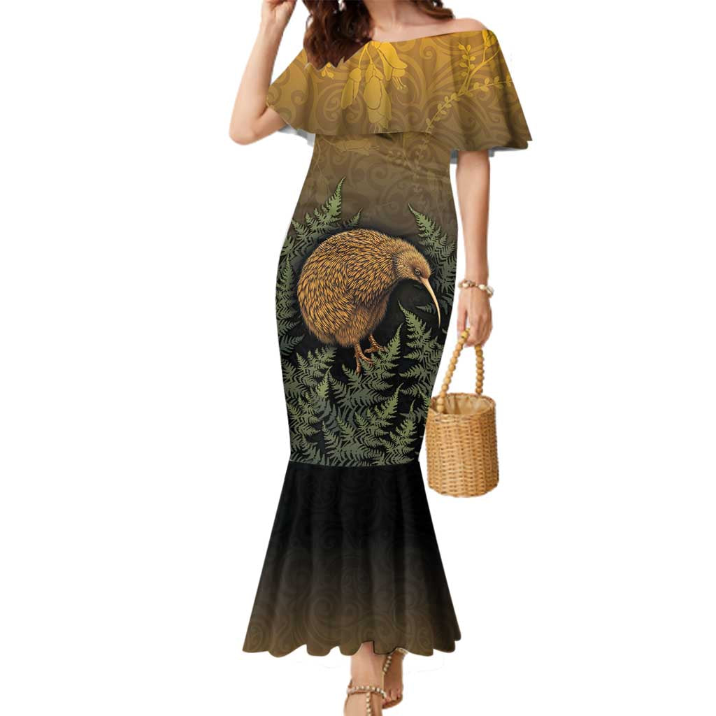 New Zealand Kiwi Bird Family Matching Mermaid Dress and Hawaiian Shirt Silver Fern Mix Maori Pattern LT05 Mom's Dress Brown - Polynesian Pride
