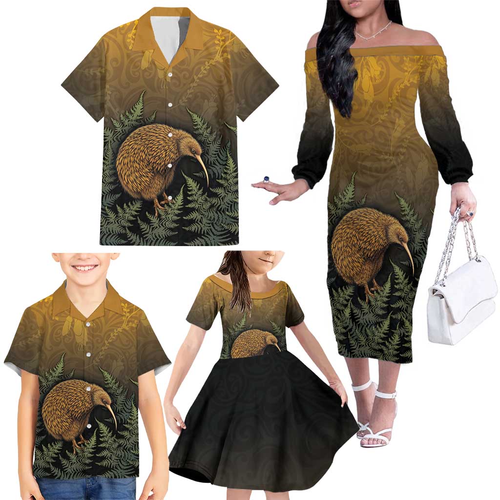 New Zealand Kiwi Bird Family Matching Off The Shoulder Long Sleeve Dress and Hawaiian Shirt Silver Fern Mix Maori Pattern LT05 - Polynesian Pride