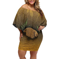 New Zealand Kiwi Bird Family Matching Off Shoulder Short Dress and Hawaiian Shirt Silver Fern Mix Maori Pattern LT05 Mom's Dress Brown - Polynesian Pride